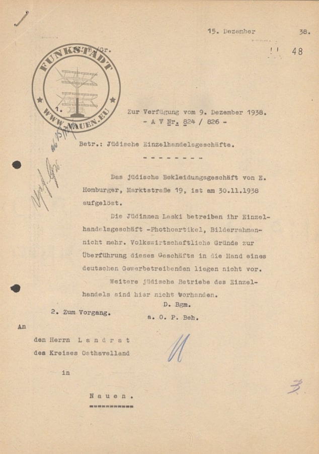 Schreiben an den Landrat vom 15.12.1938 über die Auflösung der letzten beiden jüdischen Geschäfte in Nauen (Archiv BLHA)