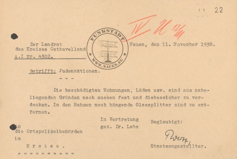Schreiben des Landrats vom 11.11.1938 an die Ortspolizeibehörden im Kreis Osthavelland (Archiv BLHA)