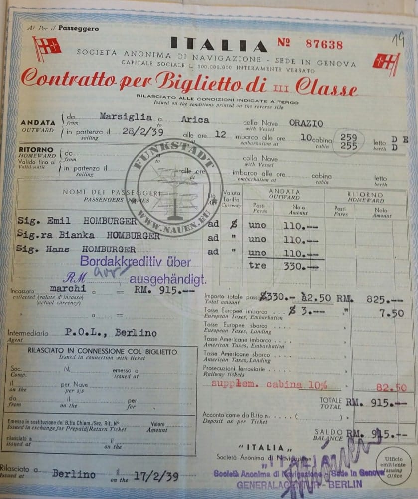 Buchungsbestätigung für die Schiffspassage mit der ORAZIO (Archiv NLA)