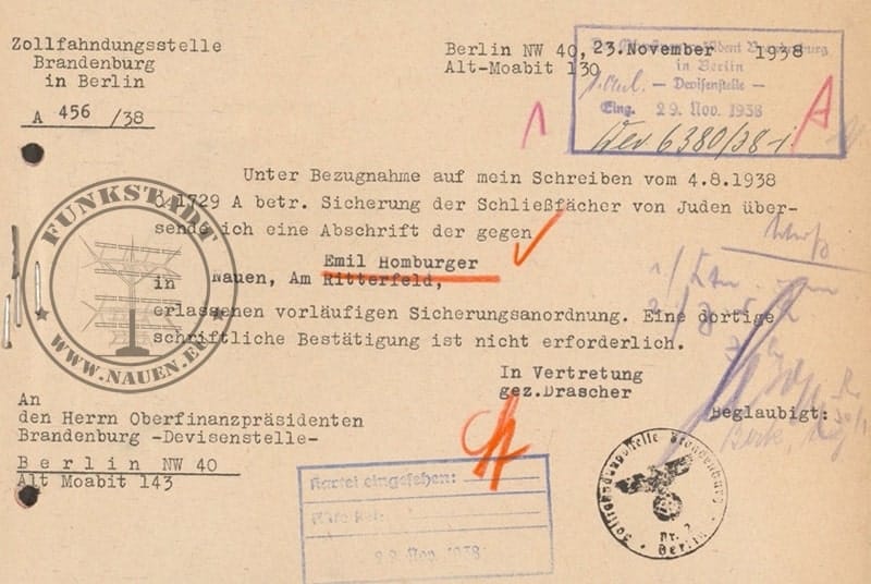 Sicherungsanordnung der Zollfahndungsstelle vom 23.11.1938 (Archiv BLHA)