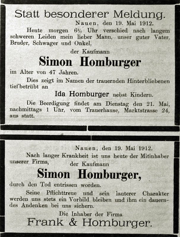 Todesanzeigen Simon Homburger von 1912