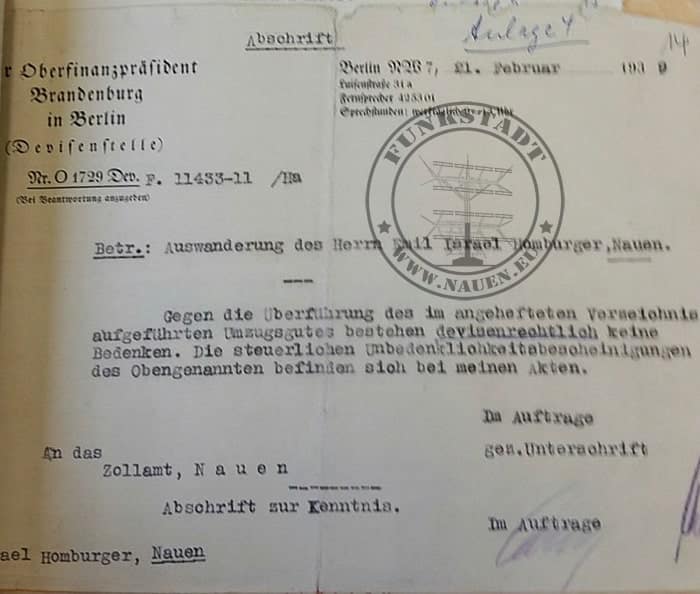 Unbedenklichkeitsbescheinigung des Oberfinanzpräsidenten in Brandenburg vom 21.02.1939 für Emil Homburger (Archiv NLA)