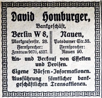 Zeitungsanzeige vom Bankhaus David Homburger aus 1922