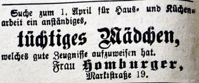 Zeitungsanzeige von Ida Homburger aus 1903