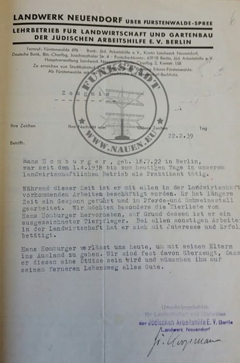 Zeugnis des Landwerks Neuendorf vom 22.02.1939 für Hans Homburger (Privatbesitz Betty Homburger)